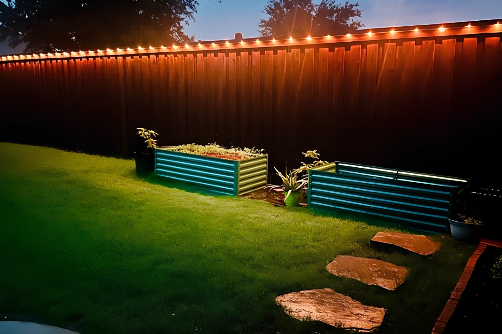 Example of warm white permanent lights along a backyard fence
